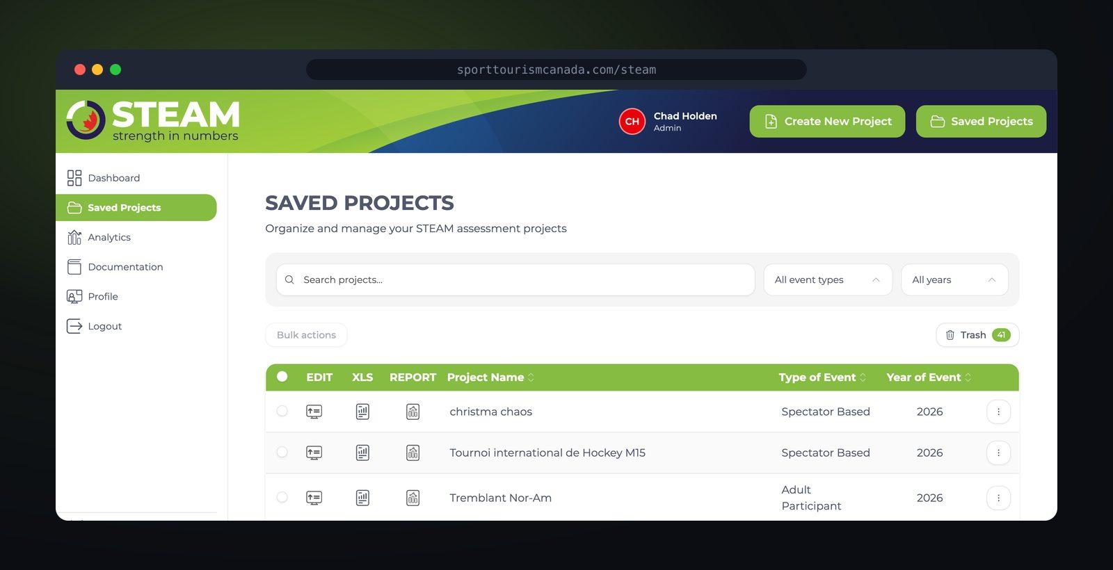 STEAM saved-projects list, English interface